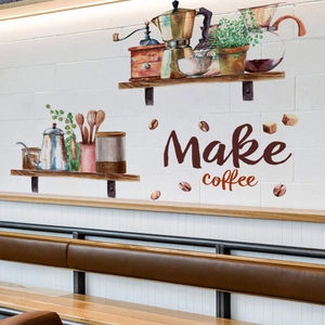 Retro coffee station wall decal with hand-drawn moka pot and grinder for kitchen decor