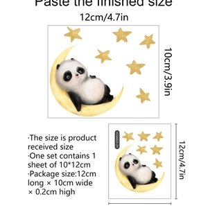 Luminous panda on golden moon wall sticker, watercolor style self-adhesive glow decal