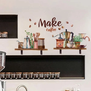 Detail of vintage coffee theme wall stickers with mocha pot and hand-drawn coffee cups