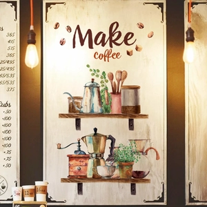 Detail of vintage watercolor coffee wall stickers featuring mocha pots and green plants