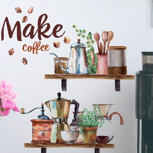 Watercolor vintage coffee wall stickers with mocha pot and cups for kitchen decoration