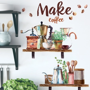 Vintage coffee theme wall stickers with watercolor mocha pot and hand grinder for kitchen decor