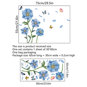 Detailed size specifications for blue floral and butterfly self-adhesive wall stickers
