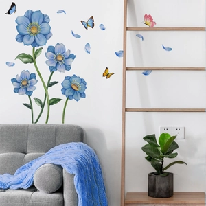 Blue Flower And Butterfly Wall Stickers PVC Waterproof Self Adhesive Wall Decals For Living Room Bedroom Home Decor