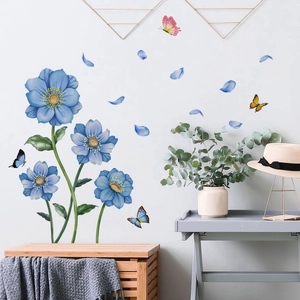 Blue watercolor floral and butterfly wall decals set for a creative living room decor