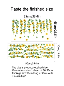 Detailed size guide for sunflower and ivy wall decal stickers with layout dimensions
