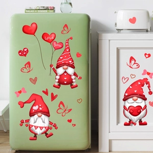 Set of Valentine's Day gnome wall stickers with hearts and love balloons on furniture
