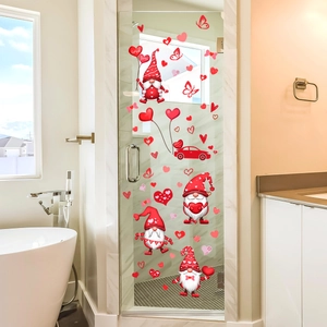 Gnome Valentine wall stickers and red hearts applied on glass shower door in a modern bathroom