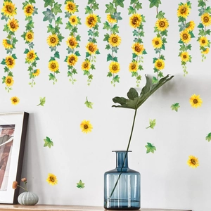 Sunflower and ivy wall decals for living room decor on a minimalist white background