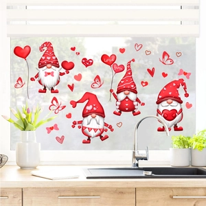 Valentine's Day gnomes wall stickers with red hearts and love balloons for room decor