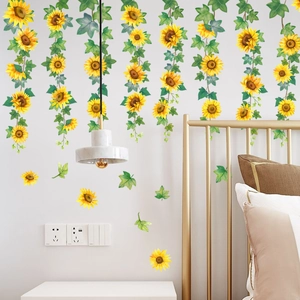Self-adhesive sunflower and green vine wall decals for living room and bedroom decor