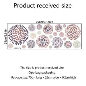 Detailed size layout of MS013 floral wall stickers in purple and grey tones