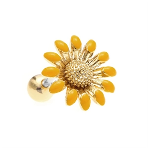 Macro detail of sunflower ear stud featuring yellow enamel petals and screw ball back