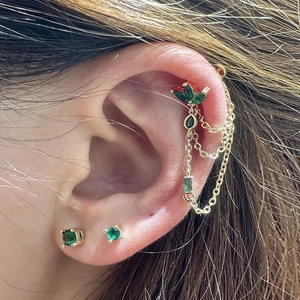 Parure boucles d'oreilles or acier inoxydable avec zircons émeraude et chaîne hélix