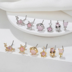 Set di piercing al naso a L in acciaio inossidabile oro e argento con zirconi e opali