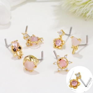 Piercing al Naso a Forma di L in Acciaio Inossidabile Rame Zircone Rosa Polpo Fiore Cuore Gioielli da Naso Donna