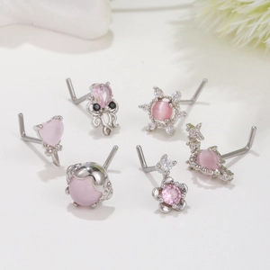 Set di 6 piercing naso a L in argento con zirconi rosa, cuori, stelle e design polpo
