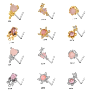 Set di 12 piercing al naso a L con motivi a cuore e stella in oro e argento