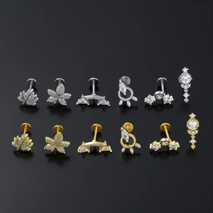 Lot de 12 clous de cartilage géométriques en acier et zircone cubique en or et argent