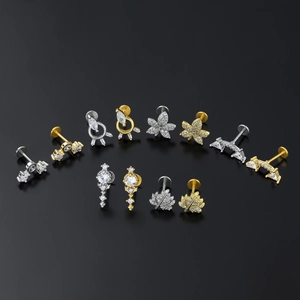 Studs de labret en acier chirurgical avec zircone en or et argent, motifs feuille et géométrie