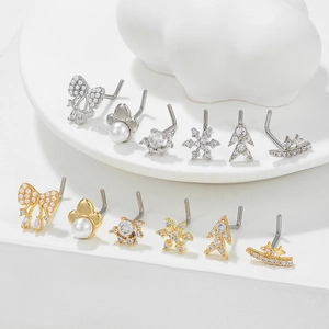 L-Shaped Stainless Steel Nose Stud With Zircon Pearl Bow Snowflake Star Flower Design Gold Silver Body Piercing Jewelry