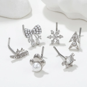 Set of 6 stainless steel nose studs with cubic zirconia and pearl charms in L-shape design