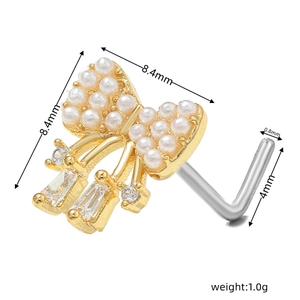 0.8mm stainless steel L-shaped nose stud with pearl bow and hanging cubic zirconia