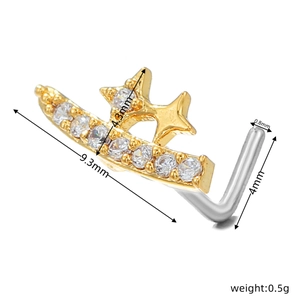 Detailed size specifications for a gold L-shaped nose stud with star and cubic zirconia
