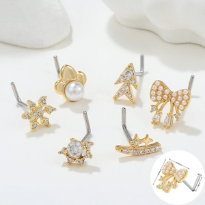 Set of 6 gold stainless steel L-shaped nose studs with zirconia and pearl designs