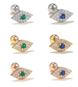 Detail of evil eye stud earrings with sparkling crystals and secure screw back closure