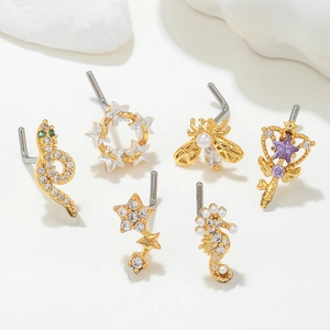 Copper Brass Cubic Zirconia Imitation Artificial Pearl L-Shaped Nose Studs Snake Bee Seahorse Star Animal Design Body Piercing