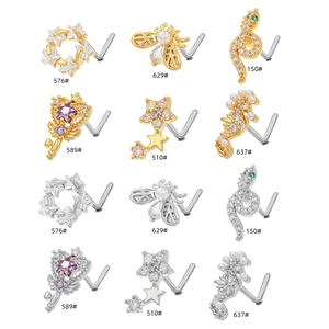Variety set of L-shaped stainless steel nose studs with animal and geometric designs