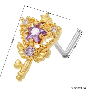Detailed view of gold L-shaped nose stud featuring a pink star and technical dimensions