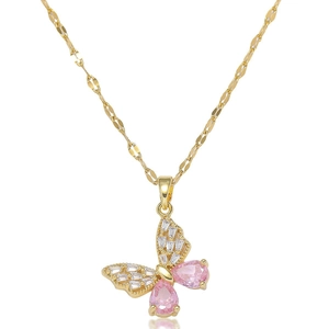 Golden necklace featuring pink and white zircon butterfly pendant in sweet style