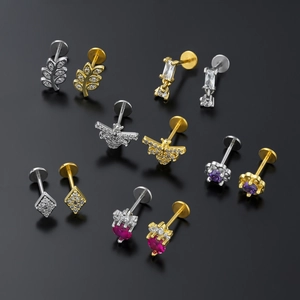 Flat back labret stud set in gold and silver with colorful cubic zirconia geometric designs