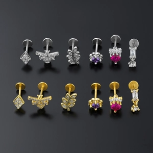 Set of 12 stainless steel labret studs with colorful zirconia in silver and gold finish