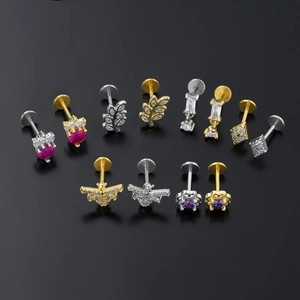 Stainless steel labret studs with colorful cubic zirconia in heart and bee shapes