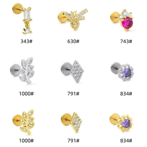 Surgical stainless steel labret studs with micro-set colorful zircon in geometric shapes