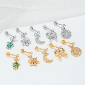 Set de clous d'oreilles dorés et argentés avec tortue, étoile, lune et zircons étincelants