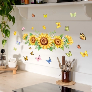 Vivid sunflower and 3D butterfly wall decals for home kitchen decoration on white tiles