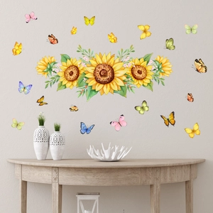 Self-adhesive sunflower wall stickers with colorful butterflies for home decoration
