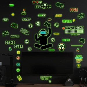 Luminous gaming wall stickers featuring VR player silhouette and neon controllers in game zone