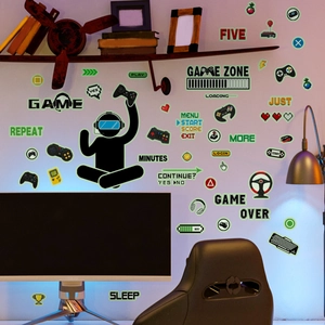 Glow-in-the-dark game zone wall stickers with VR gamer and pixel icons for bedroom decor