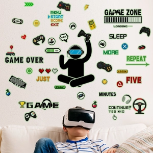Luminous game zone wall stickers featuring VR player silhouette and pixel game icons