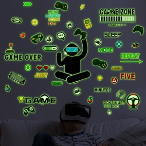 Luminous gaming wall stickers featuring game controllers and neon green gamer zone icons