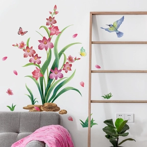 Stickers muraux fleurs d'orchidées roses, colibris et papillons pour décorer le salon