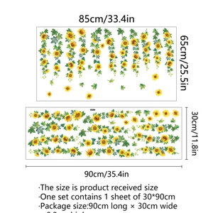 Sunflower and ivy vine PVC wall stickers set showing layout and final application size