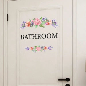 Self-adhesive floral bathroom door sticker with pink peonies and lavender on white wood