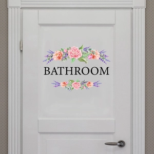 Floral bathroom door sticker with pink roses and lavender wreath on white wood door