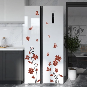 Red flower vine wall stickers and butterflies on a white refrigerator for home decor